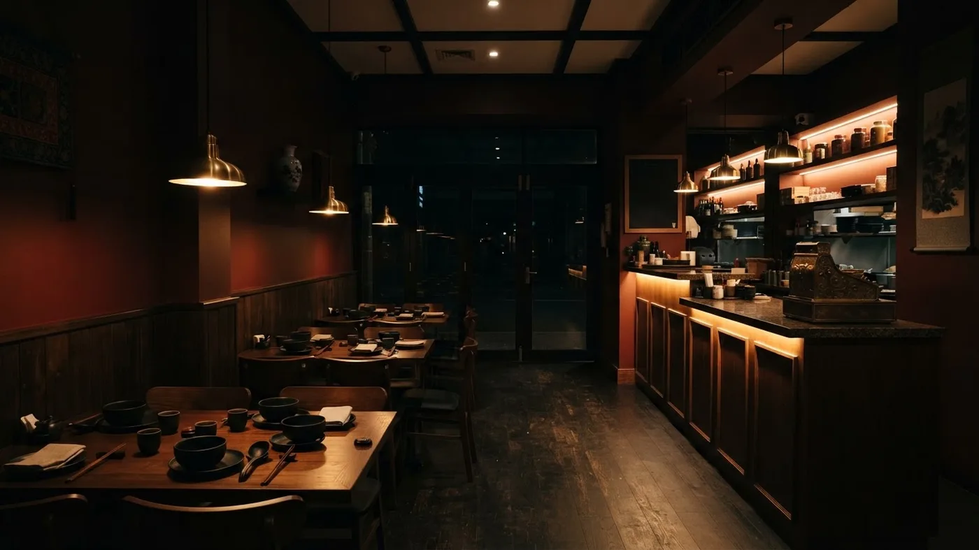 The Master Lee dining room at night, lit low and warm
